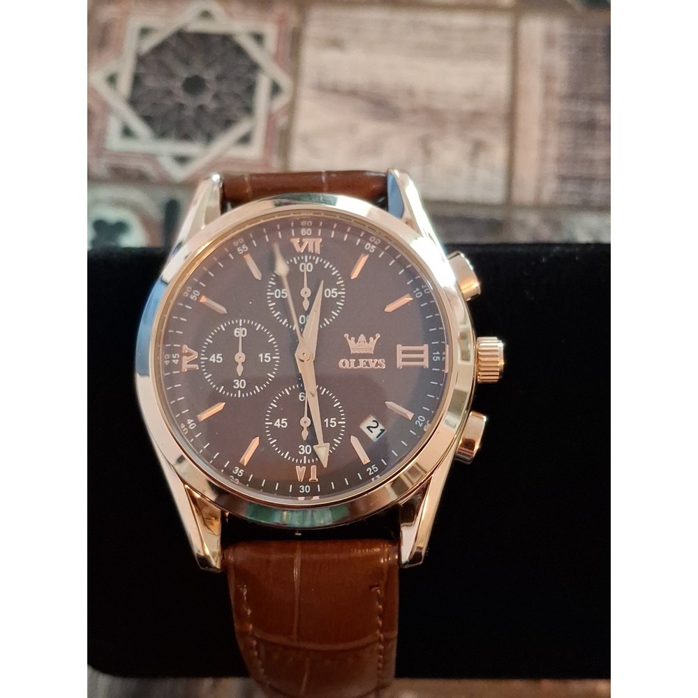 NIB OLEVS 2872G Mens Chrono,Quartz Movement Watch. Brown Dial& Strap. Stainless.